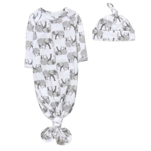 Baby Essentials Long Sleeve Knotted Patterned Sleeping Gown with Matching Night Cap for Newborn Infants 0 - 6 Months for Sleep, Cuddling, Swaddling and Lounge in Elegant Elephants