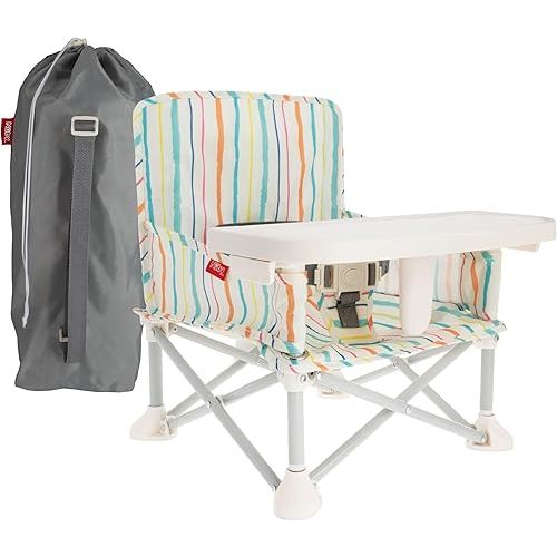 Nuby Easy Go Pop-Up Booster Seat with Removable Tray - 6+ Months - Portable Booster Seat for Floor for Indoor/Outdoor Use - 3-Point Safety Adjustable Straps - Includes Travel Bag - Stripes