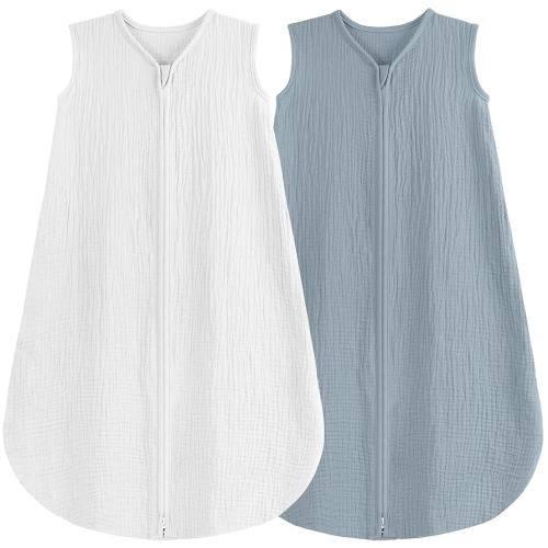 2 Pack Baby Sleep Sack 0-6 Months 100% Organic Cotton Muslin Baby Sleeping Bag 2-Way Zipper Toddler Wearable Blankets Comfy Stretchy Thin Sleep Sacks