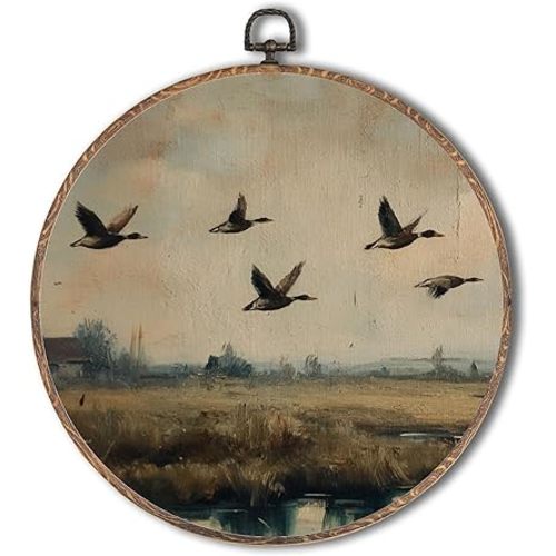 Yorhifa Vintage Flying Duck Framed Wall Art, Rustic Mallard Duck Round Wall Art, Farmhouse Farm Animal Round Walls Decor, Country Waterfowl Circle Canvas Artwork Hanging Decor, 10x10in