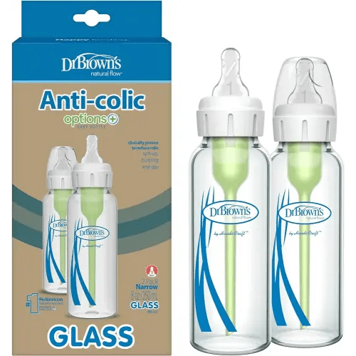 Dr. Brown's Natural Flow Anti-Colic Options+ Narrow Glass Baby Bottle 8 oz/250 mL, with Level 1 Slow Flow Nipple, 2 Pack, 0m+