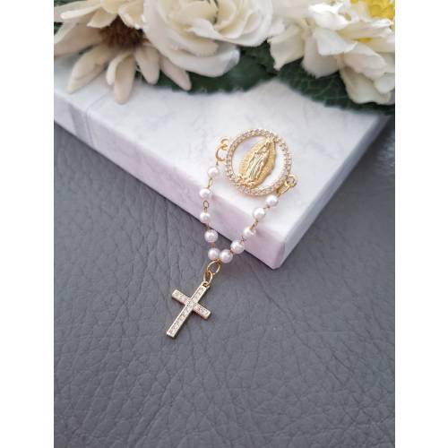 24 K Baptism Rosary Pin, Mother of Pearl Virgin Mary Brooch, Child Cross Charm, Christening Jewelry, Gifts Boy Girl, Gender Neutral Gifts