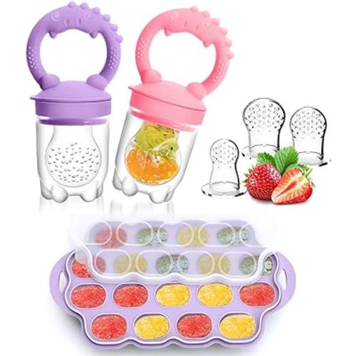 Silicone Baby Fruit Feeder & Breastmilk Popsicle Molds Freezer Tray with Lid, 2 Pack Baby Food Feeder to Teething Relief, Introduce New Foods, Self Feeding, Includes 6 Food Pacifiers (Purple+Pink)