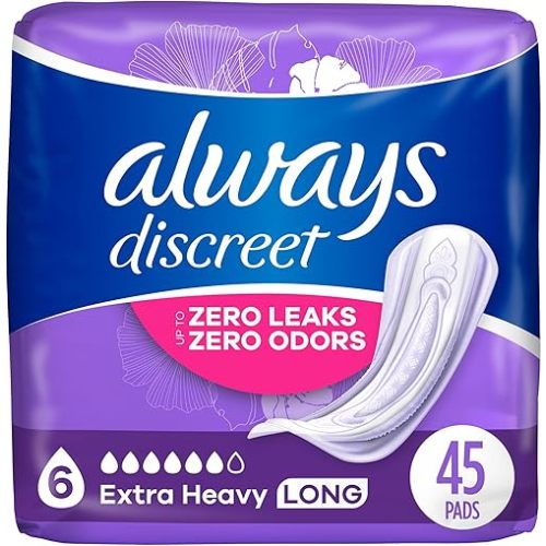 Always Discreet Adult Extra Heavy Long Incontinence Pads, Up to 100% Leak-Free Protection, White 45 Count (Packaging May Vary)