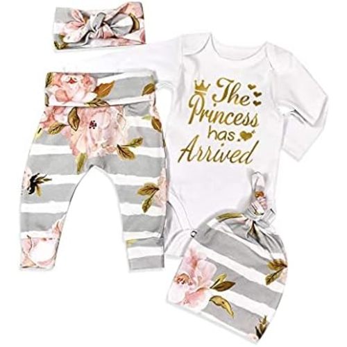 KANGKANG Newborn Baby Girl Clothes Hi I'm New Here Newborn Outfit Infant Romper Floral Pants Cute Baby Girl Outfits 4PC Set