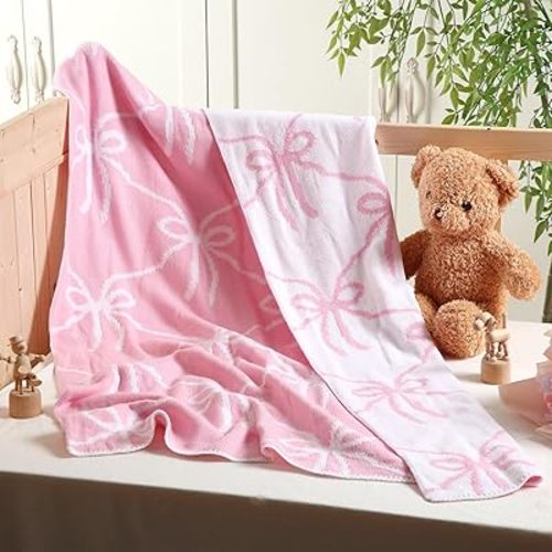 Pink Bow Knit Swaddle Blanket for Girls, Cotton Soft Cozy Lightweight Receiving Swaddle Crib Stroller Blanket for Shower Gift Registry for Newborns Infants Toddlers, 30 x 40 Inches