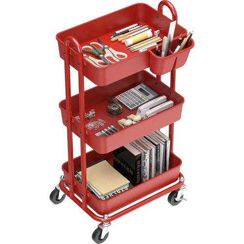 Simple Houseware 3-Tier Multifunctional Rolling Utility Cart with Hanging Bucket, Red