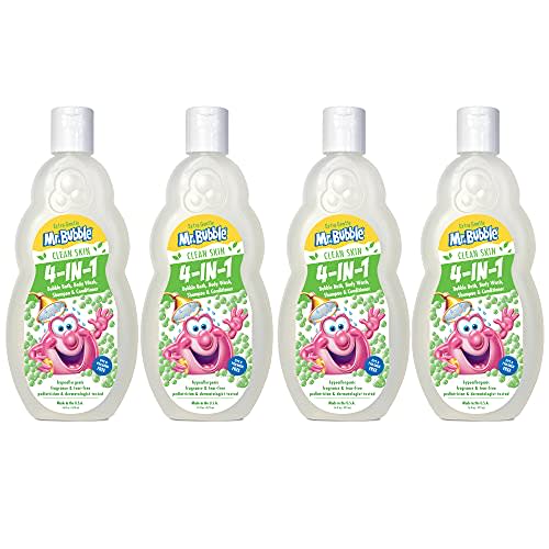 Mr. Bubble Kids Extra Gentle 4-in-1 - Body Wash, Shampoo, Conditioner, and Bubble Bath - Hypoallergenic, Non-Scented, Dye Free, No Tear Formula, Perfect for Sensitive Skin (4 Bottles, 16 fl oz each)