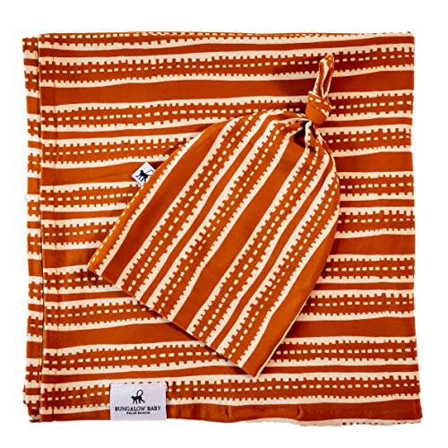 BUNGALOW BABY Swaddle Set - Premium Bamboo Viscose Baby Swaddle Blanket & Hat Set, Baby Boy, Baby Girl, Unisex, Newborn Swaddle, Baby Wrap, Bamboo Blanket (Tribal Stripe)
