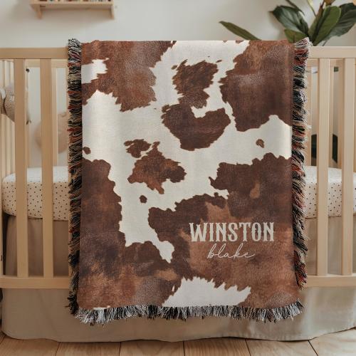 Personalized Woven Baby Blanket Western, Custom Name Western Nursery Decor, Cow Print Monogrammed Baby Shower Gift for Newborn Baby Boy Girl