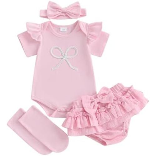 Newborn Infant Baby Girl Summer Outfits Bow Embroidery Short Sleeve Romper+Tutu Skirt Shorts+Socks +Headband Set