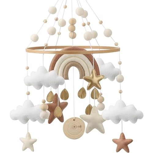 Rainbow Mobile for Crib - A Gender Neutral Boho Mobile for Crib with Gold Stars and Clouds