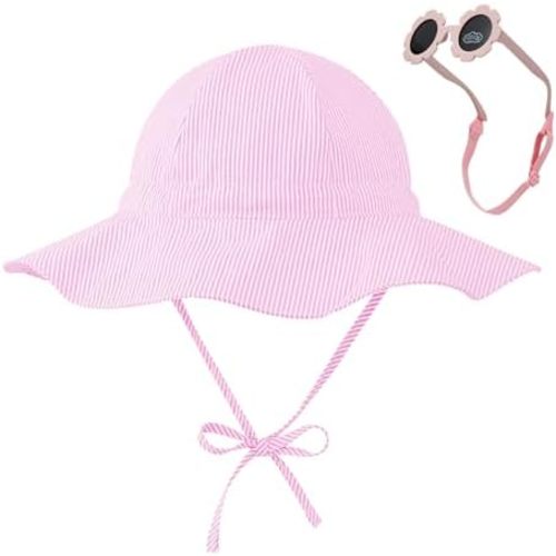 Durio Baby Sun Hat UPF 50+ Sun Protection Hat Boy Girl Baby Sunglasses with Strap Wide Brim Baby Bucket Hat Toddler Beach Hat