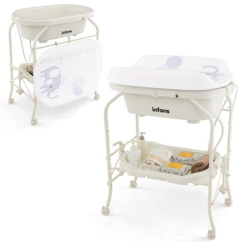 OLAKIDS 2 in 1 Baby Changing Table with Bath Tub Unit, Folding Diaper Dresser Station with Wheels Waterproof Pad Storage Rack, Portable Nursery Organizer Stand for Newborn Infant (White)