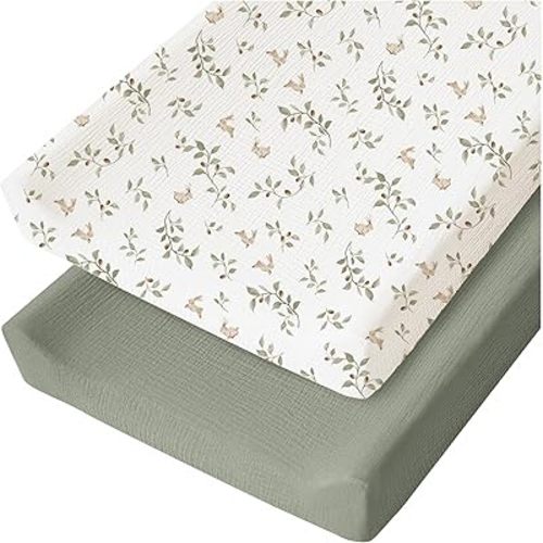 Konssy 2 Pack Muslin Changing Pad Cover for Baby Girls Boys 100% Cotton Fitted Diaper Changing Table Cover Set, Soft Changing Pad Sheets (Rabbit,Fog Green)