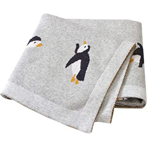 mimixiong 100% Cotton Knitted Baby Blanket Toddler Swaddling Blanket for Newborn Baby with Cute Penguin Pattern Grey Size 30 x 40 inches