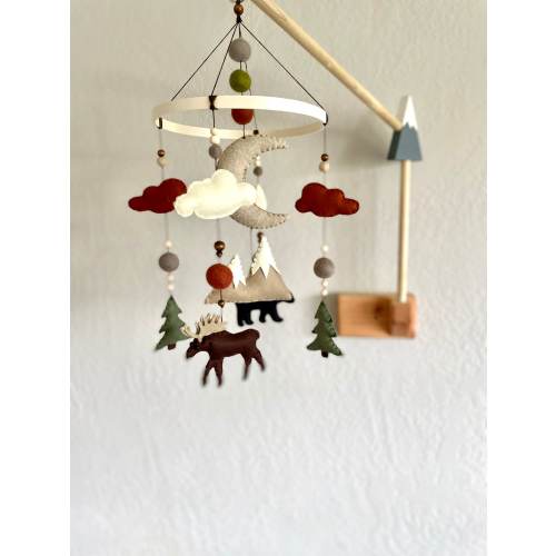 Felt woodland animal mobile; bear moose mountain nursery decor; rust and neutral sunset; maroon, green, choose your color crib decor
