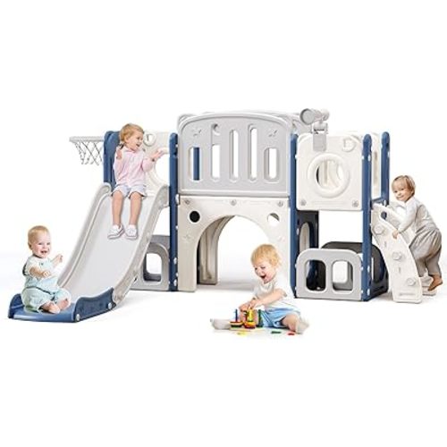 8 in 1 Toddler Slide,Kids Climber Slide with Storage Space and Non-Slip Steps,Indoor Outdoor Playset with Basketball Hoopa and Telescope,Slide for Toddlers Age 1-8 (White+Blue)