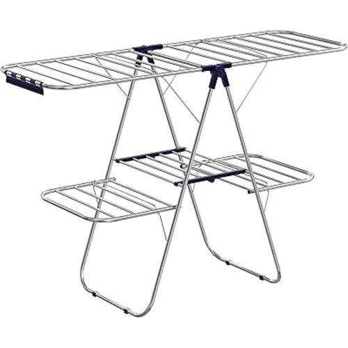 SONGMICS Clothes Drying Rack, Foldable 2-Level Laundry Drying Rack, Free-Standing Large Drying Rack, with Height-Adjustable Wings, 33 Drying Rails, Sock Clips, Silver and Blue ULLR53BU