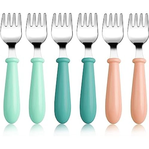 Pimoys 6 Pieces Toddler Forks Baby Forks Kids Forks with Round Handle, Stainless Steel Toddler Utensils Baby Silverware Metal Cutlery Set BPA Free, Dishwasher Safe