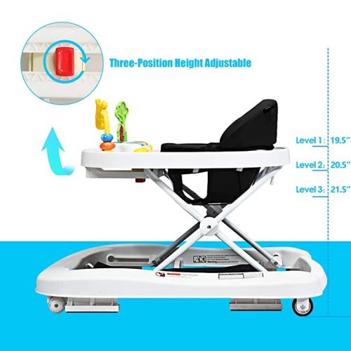 INFANS Foldable Baby Walker, 3 in 1 Toddler Walker Bouncer, Learning-Seated, Walk-Behind, Music, Adjustable Height, High Back Padded Seat, Detachable Trampoline Mat, Activity Walker with Toys, Black