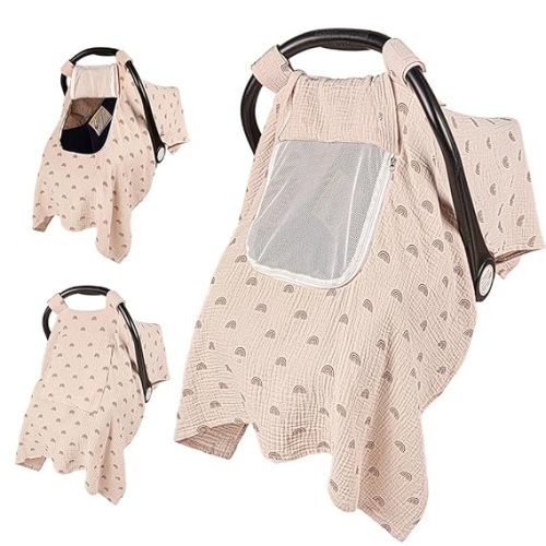 Car Seat Cover Baby, 100% Muslin Baby Car Seat Cover, 3 in 1 Carseat Sover, Carseat Cover for Baby Easy to Get in & Out - beige