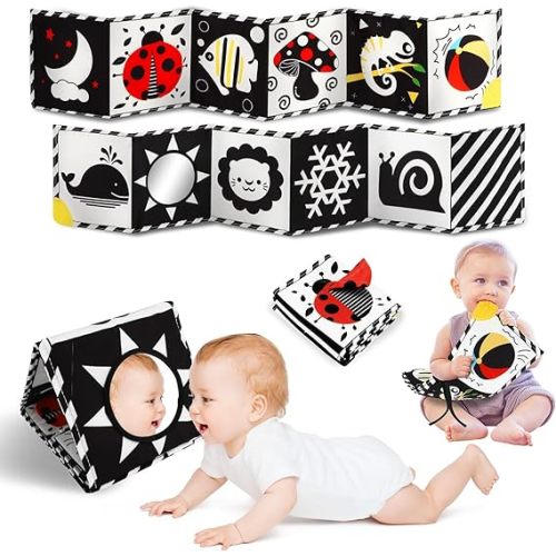 Tummy Time Toys, High Contrast Baby Book with Mirror & Teether, Black and White Infant Books, 0-6-12 Months Soft Book for Newborn, Sensory Books, Tummy Time Car Seat Toys 0-6 Month Boy Girl Gift