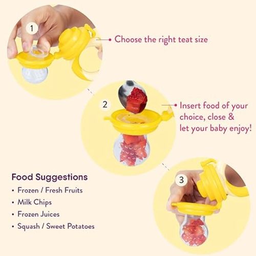 NatureBond Baby Food Feeder/Fruit Feeder Pacifier (2 Pack) - Infant Teething Toy Teether | Includes Additional Silicone Sacs - Peach Pink and Lemonade Yellow