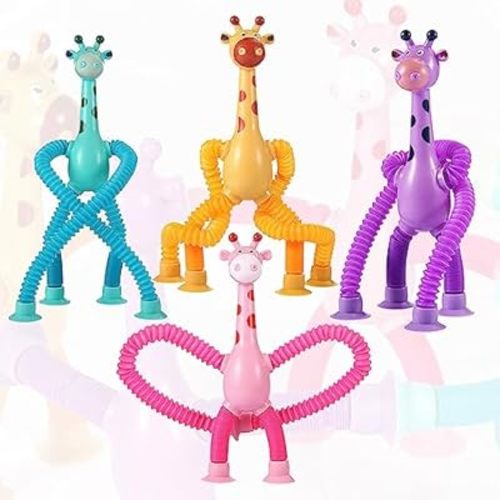 4 Pcs Telescopic Suction Cup Giraffe Toy, Funny Pop Tubes Sensory Toy for Toddlers, Educational Fidget Toys Basket Stocking Stuffer for Anxiety Kids for 3 4 5 6 7 8 9 Year Old Boy Girl