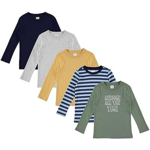 Cudlie 5-Pack Baby/Toddler Boy Long Sleeve Shirt - Basic Tshirt Tops, Light Undershirt - Solid & Striped Tees for Boys