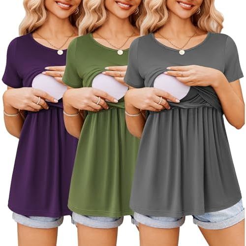Ekouaer Womens Nursing Tops 3 Packs Short Sleeve Breastfeeding Shirts Double Layer Postpartum Shirt S-XXL