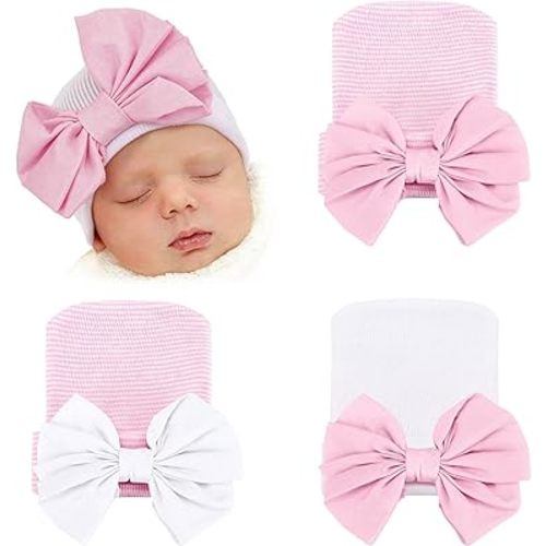 DRESHOW BQUBO Newborn Hospital Hat Infant Baby Hat Cap with Big Bow Soft Cute Knot Nursery Beanie