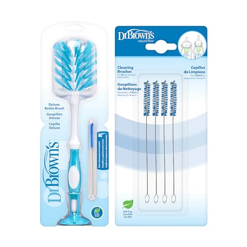 Dr. Brown's Deluxe Baby Bottle Cleaning Brush with Reusable Baby Bottle Vent System and Reservoir Cleaning Bristle Brushes, Blue, 5-Pack