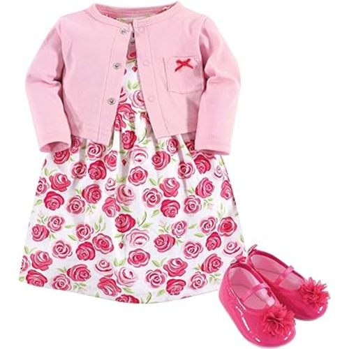 Hudson Baby baby-girls Cotton Dress, Cardigan and Shoe Set