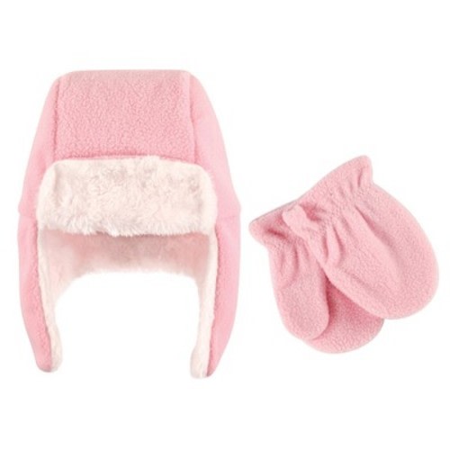Hudson Baby Infant Girl Fleece Trapper Hat and Mitten 2pc Set, Light Pink, Size: 0-6 months