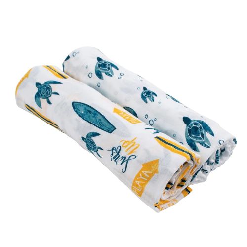 Bebe au Lait Oh So Soft Muslin Swaddle Blanket Set, Soft Muslin Design, Stylish Pattern - Surf and Sea Turtles , 47x47 Inch (Pack of 2)