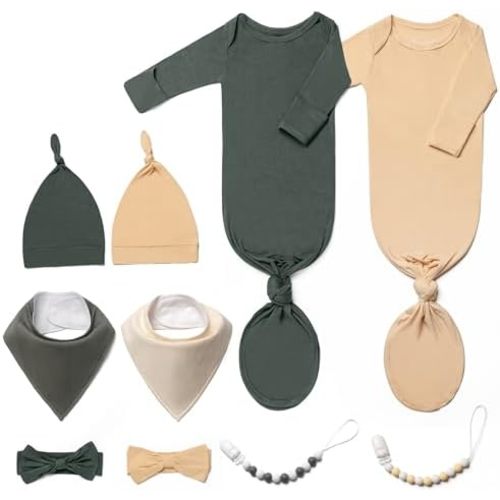 2PK Ultra Soft Knotted Newborn Sleep Gown for Baby Girls Boy- Coming Home Hospital Outfit with Hat, Bow, Clip & Drool Bib Set