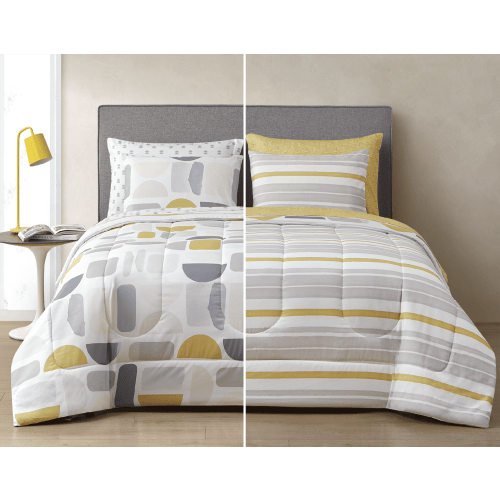 Style2 Kaiser Gray and Yellow 7-Piece Mix & Match Reversible Bed in a Bag, Queen