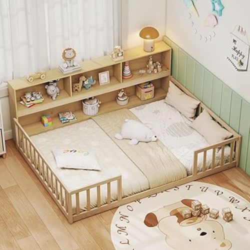 Giantex Full Size Floor Bed for Kids, Wooden Montessori Bed Frame with Bookcase, Storage Shelves & Safety Fence Rails, Floor Beds Full for Girls, Boys, No Box Spring Needed, Without Slats, Natural