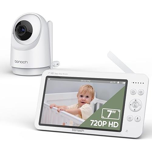 bonoch MegaView Baby Monitor with Camera and Audio, 7" 720P HD Video Baby Monitor No WiFi, 6000mAh Battery, VOX Mode, Auto Night Vision, Hack Proof, Remote PTZ, 8 Lullabies Baby Camera Monitor