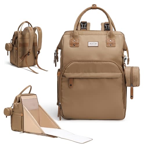 AIITA Diaper Bag Backpack, Multifunction Diaper Bag with Changing Station, Stylish Baby Bags, Large Unisex Diaper Backpack for Mom and Dad, Baby Registry Search, Portable Changing Pad – Coffee Brown