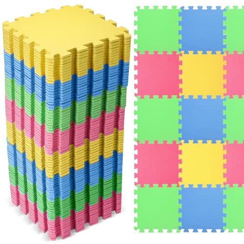 Nuanchu 60 Pcs Kids Foam Puzzle Floor Mat Bulk Solid Color Foam Play Mat with Borders Interlocking Multi Use Floor Rug for Baby Toddler Children 12 Inch (Green, Blue, Yellow, Red)