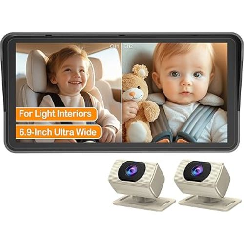 2-Kids Baby Car Camera for Seat: 6.9 Inch Split-Screen Display with Two Cameras Rear Facing - HD 1080P, Night Vision, Easy to Install Backseat Camera, 150°Wide Angle - White