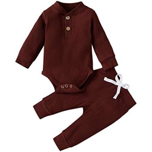CIYCUIT Newborn Baby Boy Outfits Long Sleeve Solid Color Ribbed Knitted Romper Pants 2Pcs Gender Neutral Baby Clothes