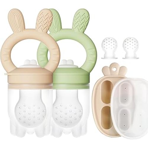 2 Packs Baby Fruit Feeder & Freezer Nibble Tray Combo, Push Pop Baby Food Feeder to Safely Introduce New Foods, Fresh & Frozen Food Silicone Feeder, 100% Food Grade, BPA Free (Caramel & Olive)