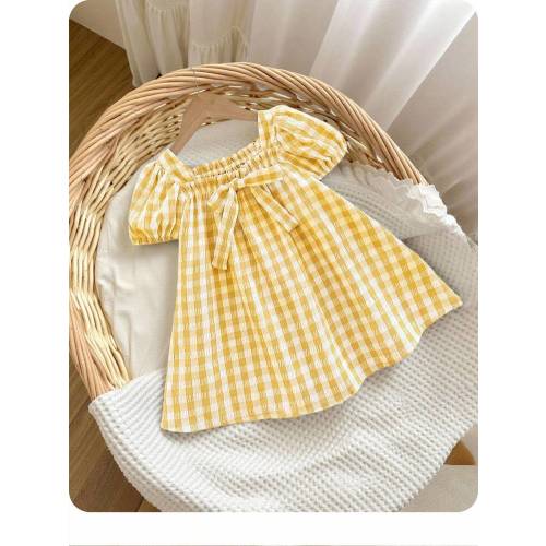 Cute Summer Vacation Yellow Plaid Short Sleeve Bow Loose Dress