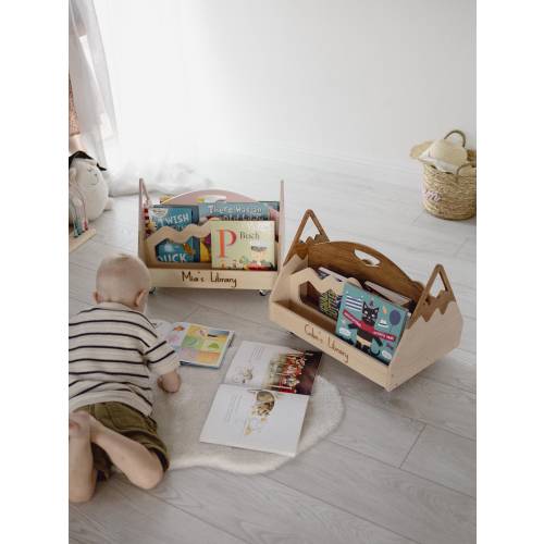 Wooden Toddler Bookcase with Personalization, Kids Bookshelf on Wheels,Portable Display Bookshelf, Child Book Holder,Nursery Wood Furniture