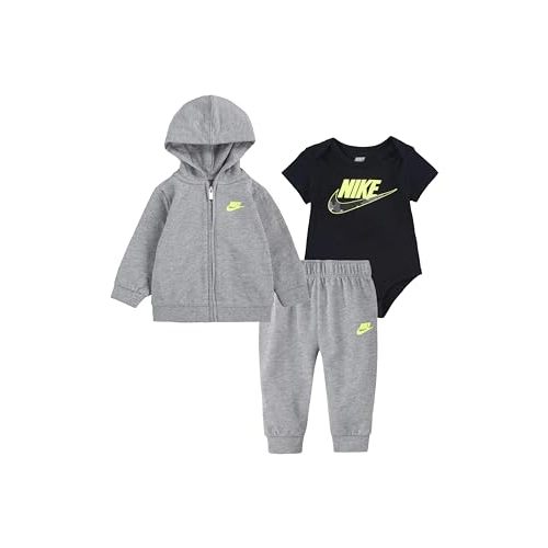 Nike Baby Boys Bodysuit, Full Zip Hoodie & Pants 3 Piece Set (G(56I553-GEH)/B, 3 Months)