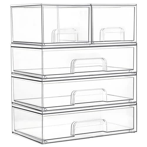 Vtopmart Stackable Storage Drawers Set of 5, Clear Plastic Organizer Bins for Bathroom Supplies,Ideal for Cabinet,Pantry,Laundry Room Organization(2 Small+3 Wide)