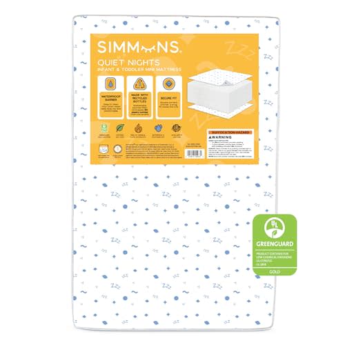 Simmons Kids Quiet Nights 4-inch Mini Crib Mattress - GREENGUARD Gold – Waterproof - Sustainably Sourced Core Fiber Core, White/Blue